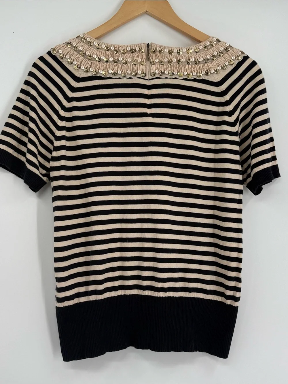 Tory Burch Blue Cream Stripe Cotton Short Sleeve Fringe /beaded Sweater Size XL
